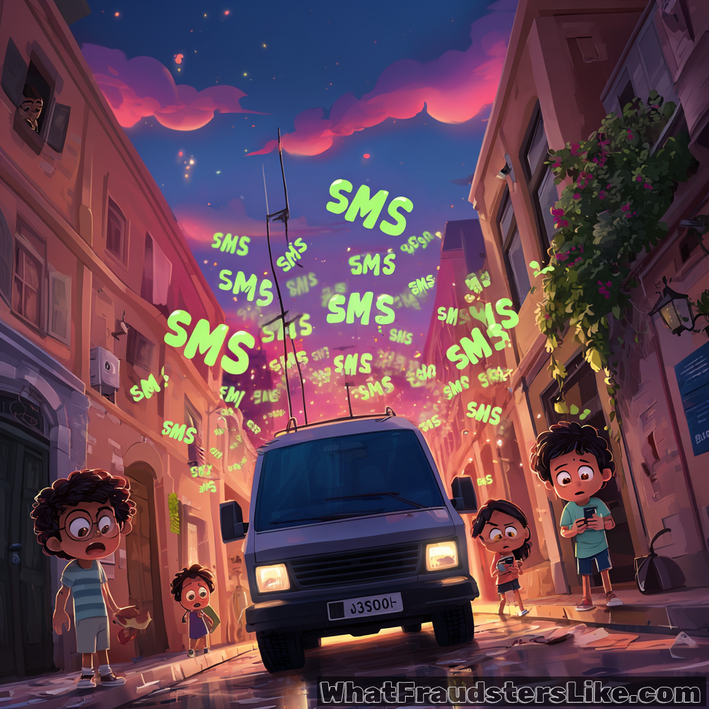 A suspicious van with an antenna on its roof drives down a narrow city street at dusk, emitting glowing green "SMS" messages into the air, while several surprised and wary people on the sidewalks observe it.